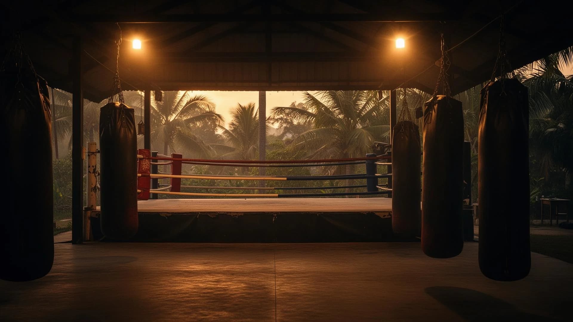Ring de Muay Thai au coucher du soleil sous un préau ouvert, sacs de frappe suspendus et cocotiers en arrière-plan, au camp Road to Fight à Koh Samui
