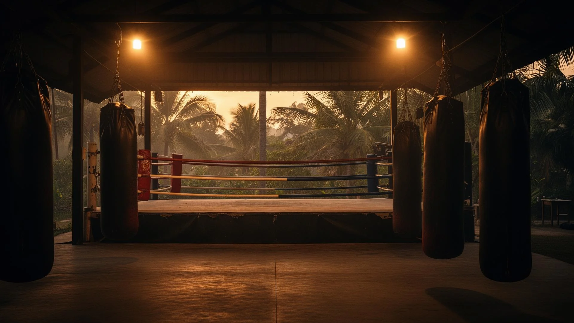 Ring de Muay Thai au coucher du soleil sous un préau ouvert, sacs de frappe suspendus et cocotiers en arrière-plan, au camp Road to Fight à Koh Samui
